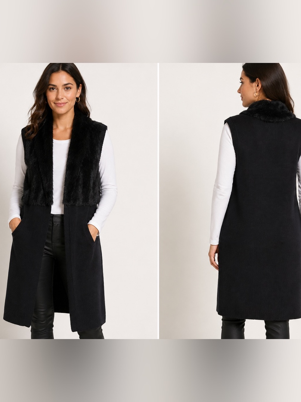 CHICO’S Longline Vest Faux Fur Sz L